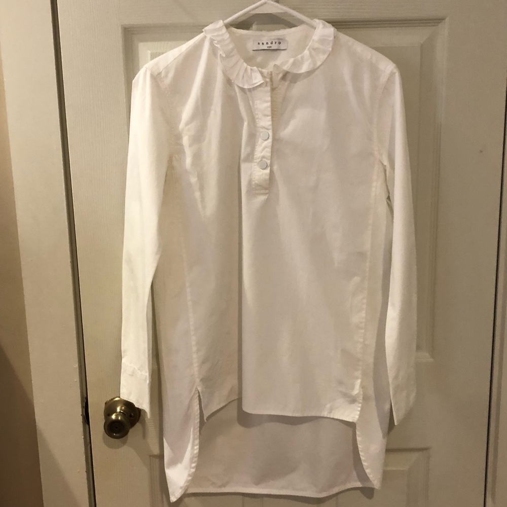 Sandro Paris white cotton poplin tunic shirt with ruffle collar size large